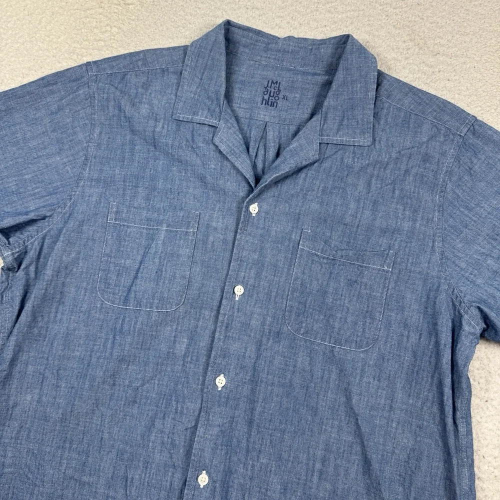 J. McLaughlin Shirt Mens M Blue Chambray Button Front Cotton Casual Short Sleeve